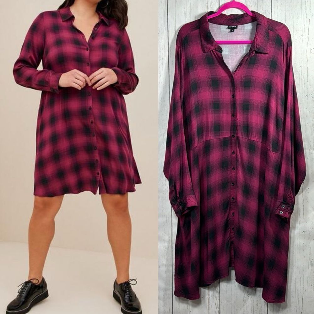 Torrid Plus Size Plaid Shirt Dress Tunic Pink Black Long Sleeve Button Front